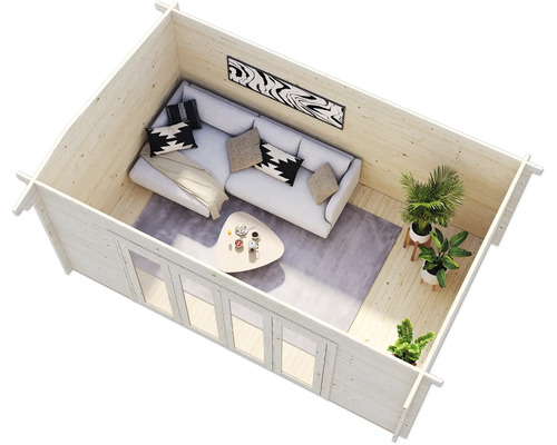 Vue intérieure d''un chalet de jardin lumineux avec canapé, table et plantes