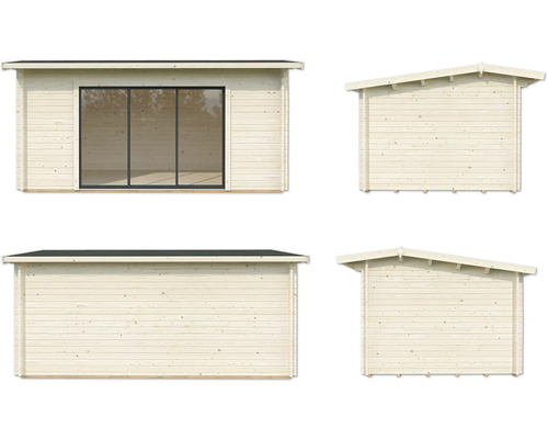 Abbildungen eines Gartenhauses mit Fenster und Satteldach aus Holz