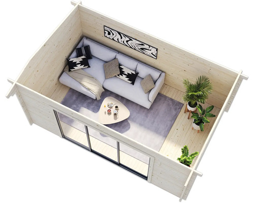 Vue intérieure d''une cabane de jardin en bois avec canapé, table et plantes