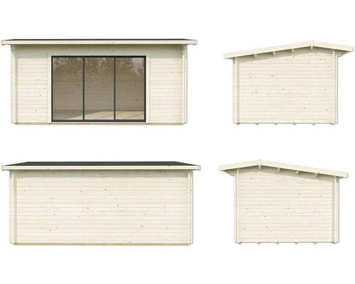 Abri de jardin en bois avec porte coulissante, vues de tous les côtés