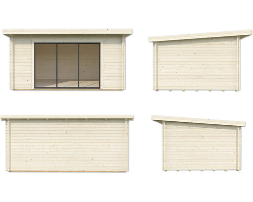 Abri de jardin en bois avec porte coulissante, vues des quatre côtés