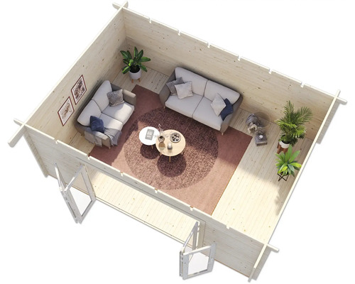 Vue intérieure d''un abri de jardin avec mobilier et décoration