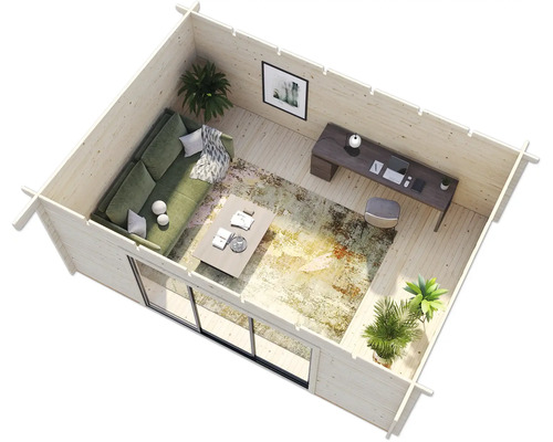 Vue intérieure d''une maison de jardin en bois avec coin salon et espace de travail