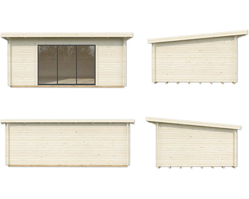 Vues multiples d''un abri de jardin avec porte coulissante