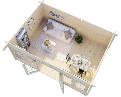 Vue intérieure d''une maison en bois avec des meubles tels qu''un canapé, une table et des chaises