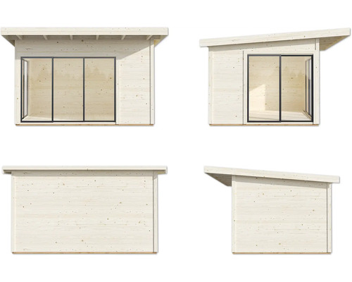 Vues différentes d''une cabane de jardin avec toit monopente et porte coulissante