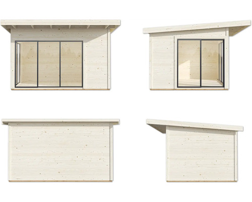 Différentes vues d''un abri de jardin en bois avec porte coulissante