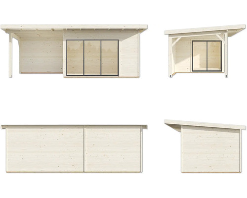 Vues multiples d''un abri de jardin avec porte coulissante et auvent.