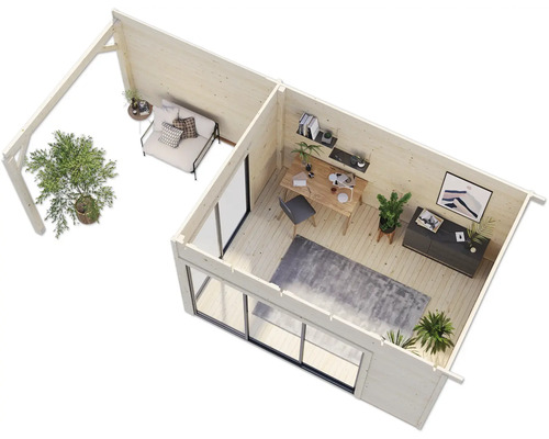 Vue intérieure d''une cabane de jardin en bois avec bureau et coin salon