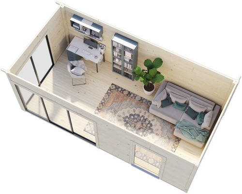 Vue intérieure d''une maison de jardin en bois avec coin bureau et coin salon