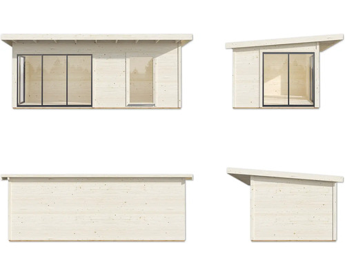 Vues multiples d''un abri de jardin en bois avec portes coulissantes