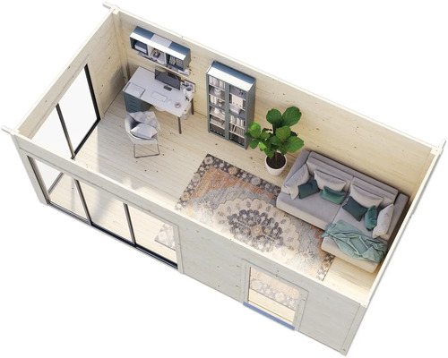 Vue intérieure d''une maison de jardin lumineuse avec bureau et salon