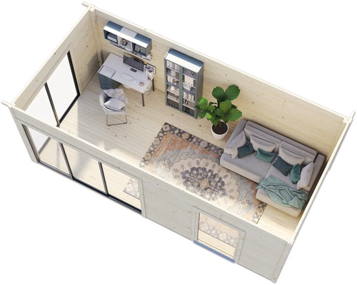 Vue intérieure d''une cabane de jardin avec bureau et coin salon.