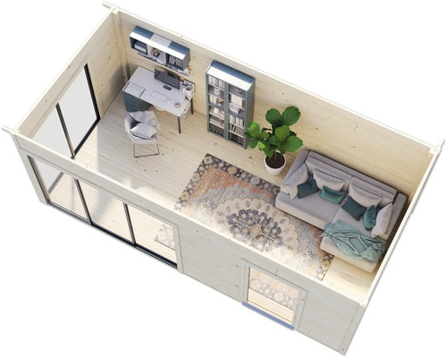 Abri de jardin lumineux avec poste de travail de bureau et coin salon