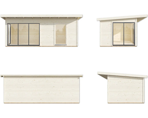 Vues multiples d''un abri de jardin en bois avec porte coulissante et fenêtre.