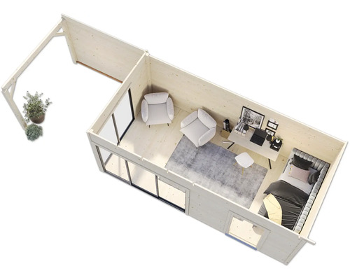 Vue de dessus d''une maison de jardin moderne avec terrasse, salon et chambre à coucher