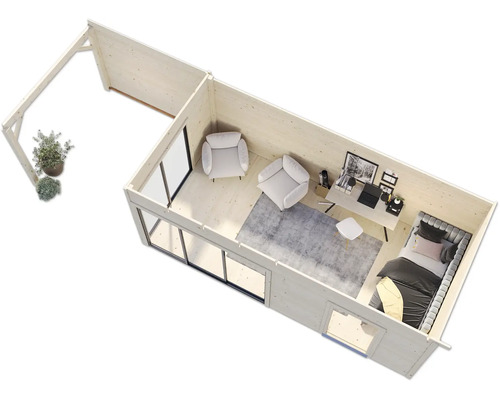 Vue de dessus d''une maison de jardin en bois avec salon, chambre et terrasse