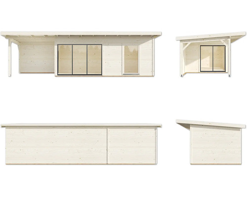 Vue multiple d''un abri de jardin en bois avec porte coulissante