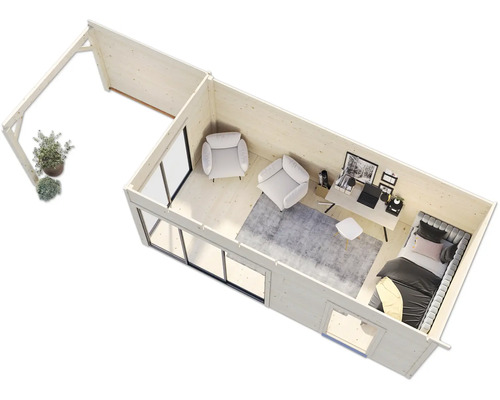 Vue de dessus d''une maison de jardin avec terrasse, sièges, espace de travail et coin nuit