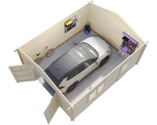 Garage en bois avec voiture, outils et vélo