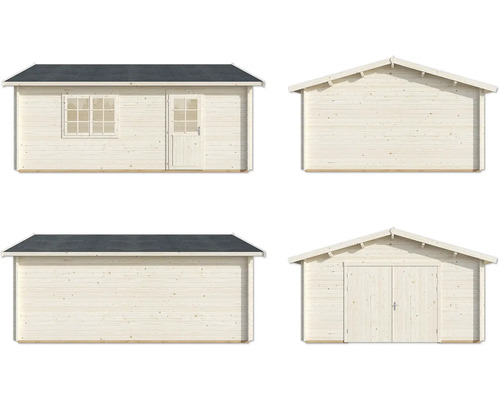 Abri de jardin en bois avec fenêtre et porte sous différents angles