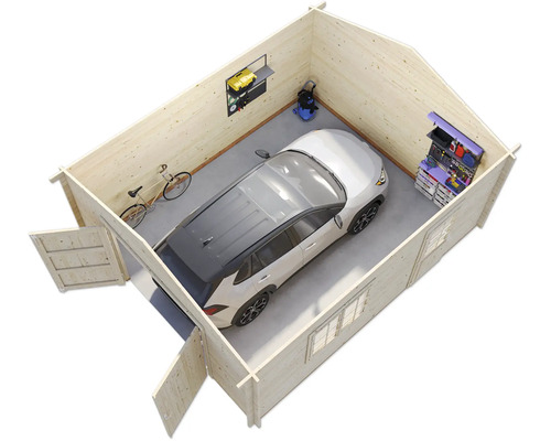 Garage en bois avec voiture, vélo et établi