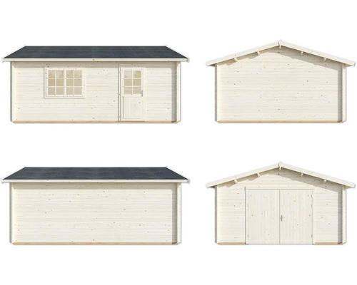 Abri de jardin en bois avec fenêtre et porte sous différents angles