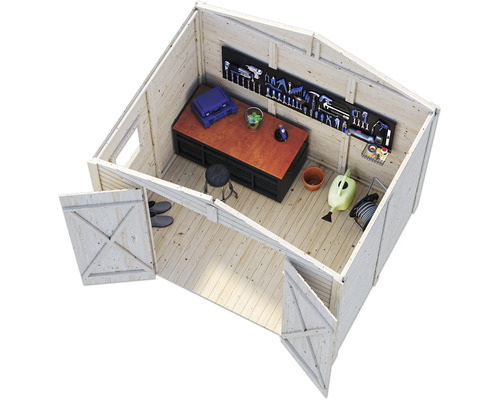 Vue intérieure d''un abri à outils avec établi et outils