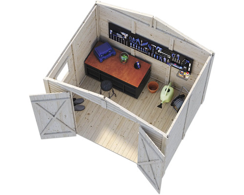 Vue intérieure d''un abri de jardin avec établi et panneau à outils