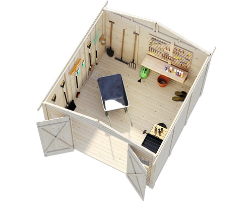 Vue intérieure d''une cabane de jardin lumineuse avec des outils, une brouette et un espace de travail.