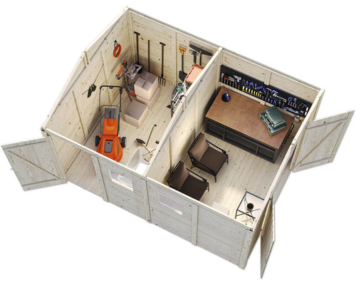 Vue intérieure d''une cabane de jardin en bois avec établi, outils, tondeuse à gazon et ustensiles de jardin.