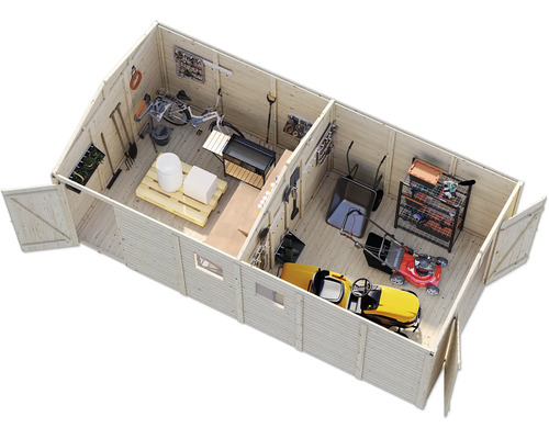 Vue intérieure d''un abri de jardin avec des outils et équipements de jardinage