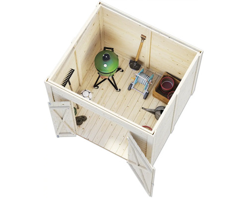 Abri de jardin avec outils de jardin tels que barbecue, bêche, râteau, arrosoir et chariot à tuyau d''arrosage