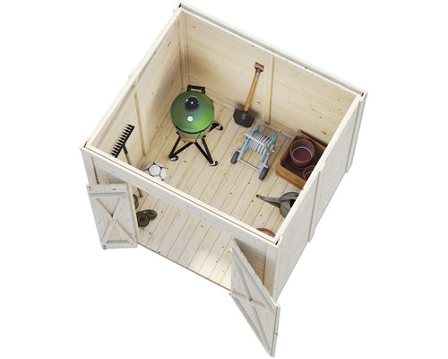 Abri de jardin avec outils de jardin et barbecue