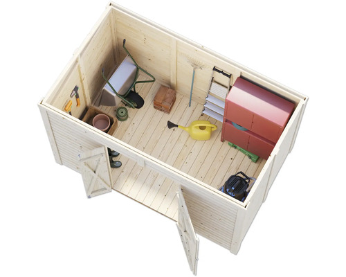 Abri de jardin en bois avec outils et équipements de jardin vus d''en haut