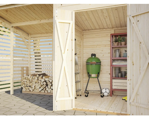 Abri de jardin en bois avec rangement pour le bois de chauffage, barbecue et étagère