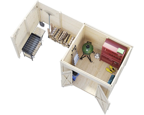 Abri de jardin avec barbecue, bois de chauffage, outils, chaussures et meubles en bois