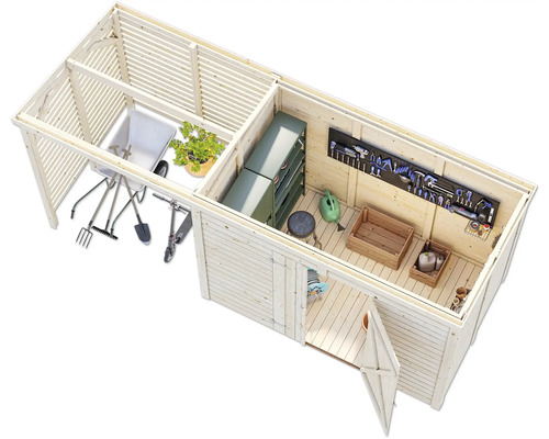 Vue de dessus d''un abri de jardin en bois avec des outils de jardin tels qu''une brouette, une bêche et un râteau, ainsi que des étagères et un mur à outils