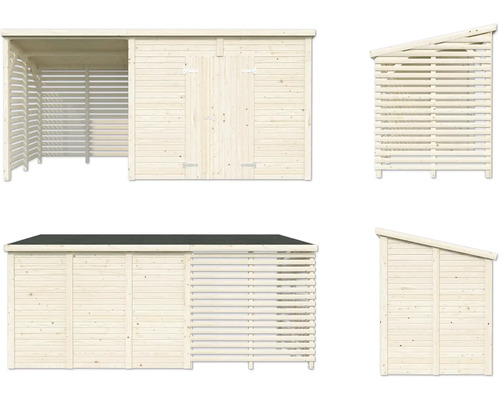 Abri de jardin avec remise à outils sous différents angles