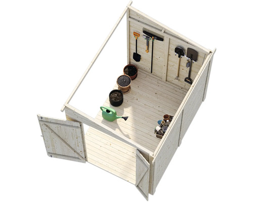 Gartenhaus Innenansicht mit Gartengeräten, Blumentöpfen und Gießkanne