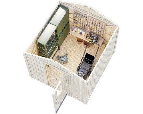 Vue intérieure d''une cabane de jardin avec tondeuse à gazon, étagères et outils