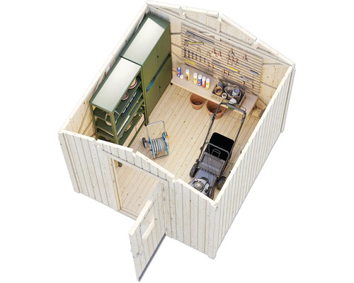 Vue intérieure d''un abri de jardin avec tondeuse à gazon, établi et armoires de rangement