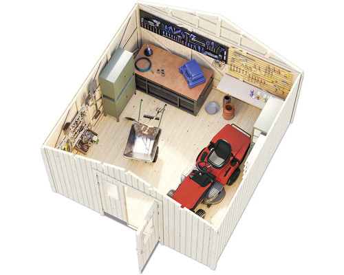 Abri de jardin en bois avec établi, tondeuse à gazon, brouette et outils