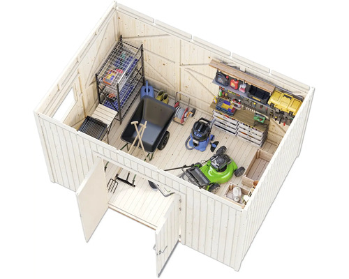 Un abri de jardin avec des outils de jardinage et des accessoires de jardinage