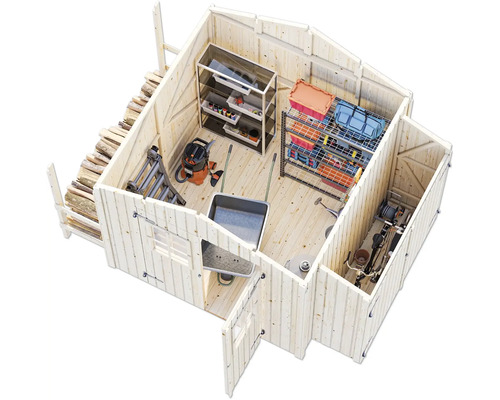 Vue de dessus d''une cabane de jardin en bois avec des étagères, une brouette, une échelle et divers outils de jardinage