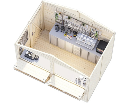Innenansicht eines Holzgartenhauses als Verkaufsraum mit Kaffeemaschine, Kasse und Verkaufsklappe