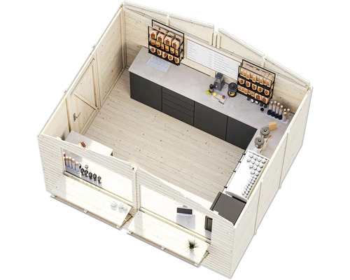 Maison de jardin en bois avec comptoir de vente, aménagement intérieur et marchandises à vendre