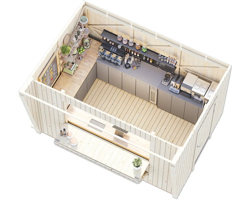 Vue d''une maison de jardin en bois avec un aménagement de café et un comptoir