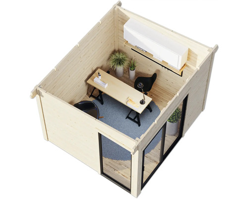 Vue d''un abri de jardin avec mobilier de bureau comprenant un bureau, une chaise et des plantes