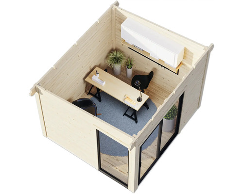 Bureau en bois clair avec bureau, chaises et climatisation